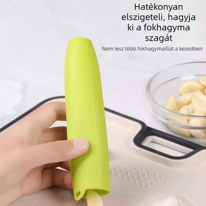 Szilikon fokhagyma hámozó eszköz zárt alappal a fokhagyma gerezdjeinek hámozására és összenyomására