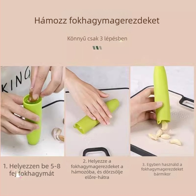 Szilikon fokhagyma hámozó eszköz zárt alappal a fokhagyma gerezdjeinek hámozására és összenyomására