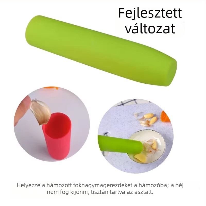 Szilikon fokhagyma hámozó eszköz zárt alappal a fokhagyma gerezdjeinek hámozására és összenyomására