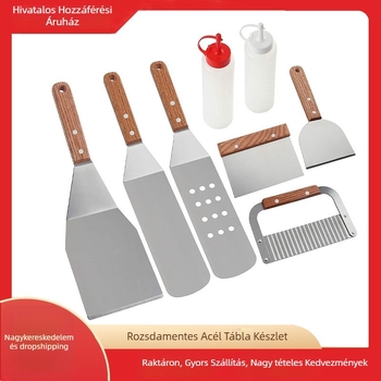 8 részes rozsdamentes acél grill spatula készlet fa fogantyúval