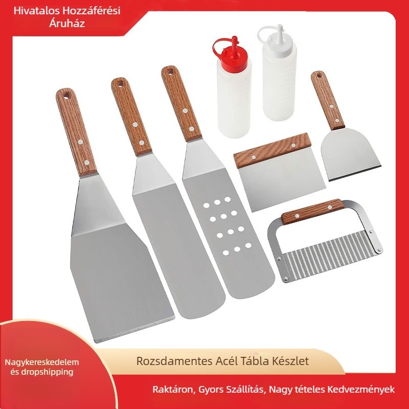 8 részes rozsdamentes acél grill spatula készlet fa fogantyúval