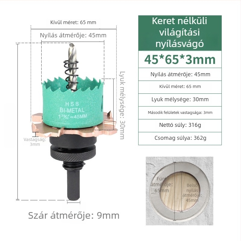 Lyukfúró beépíthető spotlámpákhoz, keret nélküli, gipszkarton mennyezethez és ácsmunka