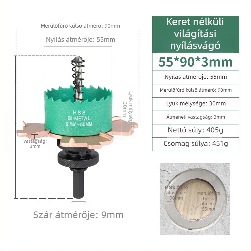 Lyukfúró beépíthető spotlámpákhoz, keret nélküli, gipszkarton mennyezethez és ácsmunka