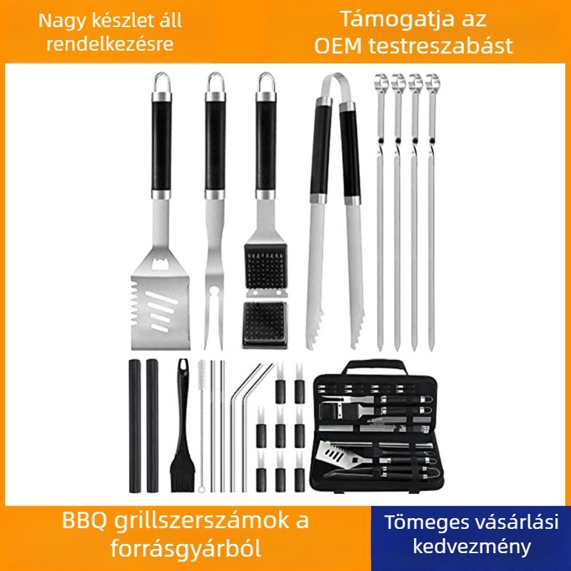 Rozsdamentes acélból készült kultéri BBQ eszköz készlet hordtáskával — villa, ecset, klip és lapát.