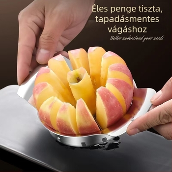 Rozsdamentes acélból készült alma szeletelő és magkivágó - gyümölcs felosztó, modern minimalist stílus, bevezetés 2025