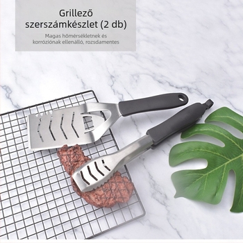 Rozsdamentes acél grillkészlet kempingezéshez, két darabos, többfunkciós, ellenáll a magas hőmérsékletnek és korróziónak, tartalmaz csipeszt és lapátot