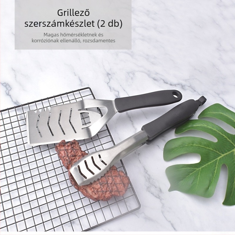 Rozsdamentes acél grillkészlet kempingezéshez, két darabos, többfunkciós, ellenáll a magas hőmérsékletnek és korróziónak, tartalmaz csipeszt és lapátot