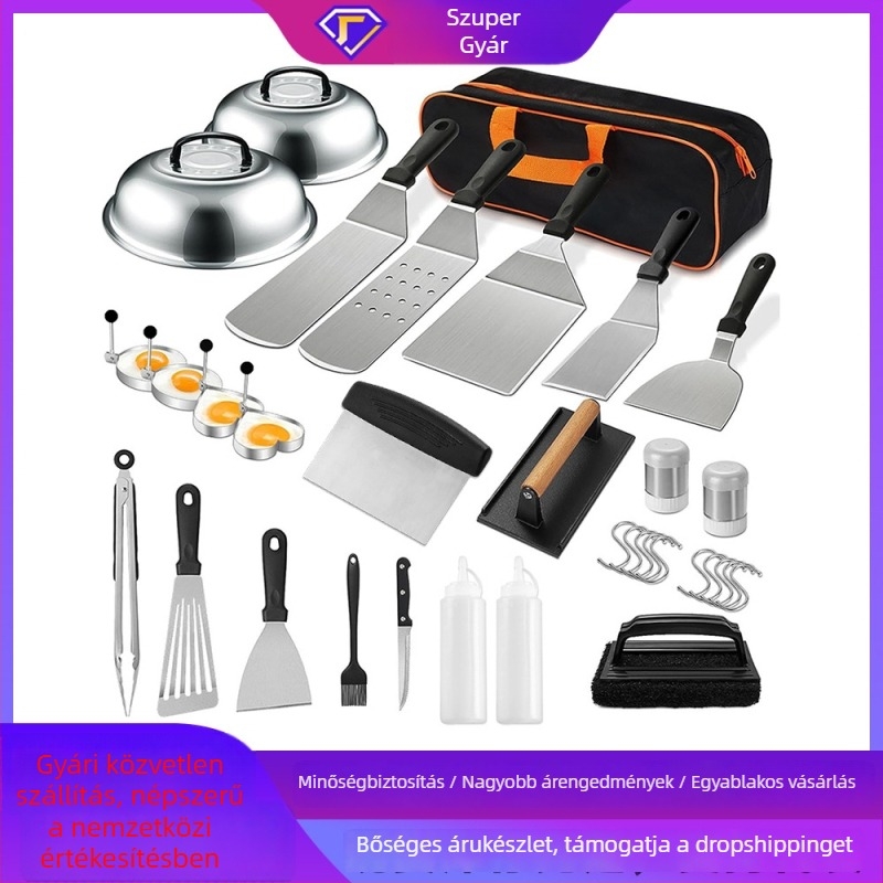 Master Mo rozsdamentes acél BBQ eszközkészlet, 34 darabos; kefével, villával, lapáttal és más eszközökkel; modern minimalista dizájn.