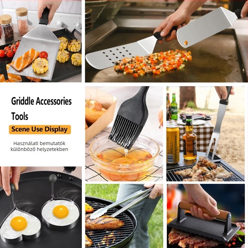 Master Mo rozsdamentes acél BBQ eszközkészlet, 34 darabos; kefével, villával, lapáttal és más eszközökkel; modern minimalista dizájn.