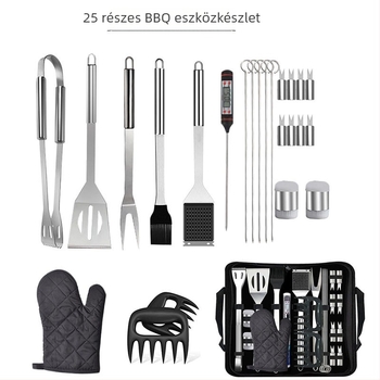 OEM 25 részes BBQ szerszámkészlet Oxford anyagú táskával, rozsdamentes acél (markolat 410, hardver 420); tartalmaz kesztyűt, kést, kefét, jelet, lapát