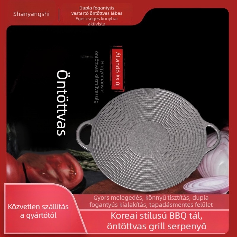 Kerek vas teppanyaki serpenyő, koreai stílus, dupla fogantyúval, hordozható kempingezéshez és kültéri főzéshez
