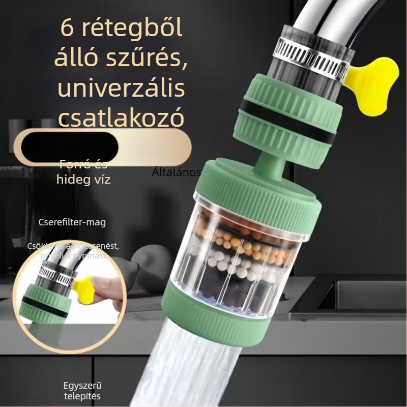 Forgó csaptelező hosszabbító szűrő, anti-spritz kialakítás, konyhai víztisztító, univerzális zuhanyfej; anyagok PP, PS és PVC