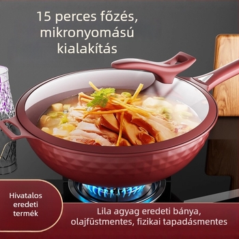 Lila agyagból készült tapadásmentes wok, nagy kapacitású serpenyő, alacsony füst, minden tűzhelyhez használható
