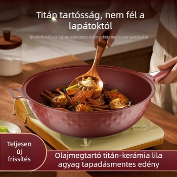 Lila agyagból készült tapadásmentes wok, nagy kapacitású serpenyő, alacsony füst, minden tűzhelyhez használható