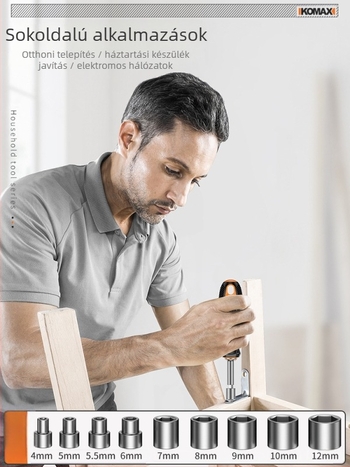 Szénacél csavarhúzó készlet ratchet mechanizmussal és többbites megoldásokkal, tartalmazza a 19-in-1 és 9-in-1 verziókat és egy 3,6V-os elektromos csavarhúzót mágneses bitekkel