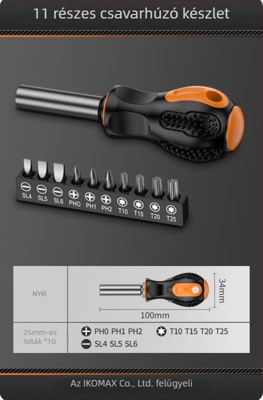 Szénacél csavarhúzó készlet ratchet mechanizmussal és többbites megoldásokkal, tartalmazza a 19-in-1 és 9-in-1 verziókat és egy 3,6V-os elektromos csavarhúzót mágneses bitekkel