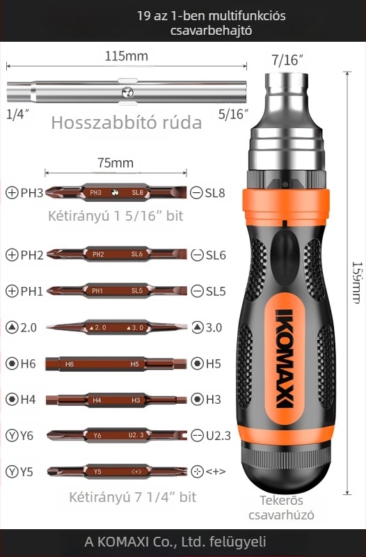 Szénacél csavarhúzó készlet ratchet mechanizmussal és többbites megoldásokkal, tartalmazza a 19-in-1 és 9-in-1 verziókat és egy 3,6V-os elektromos csavarhúzót mágneses bitekkel
