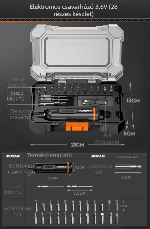 Szénacél csavarhúzó készlet ratchet mechanizmussal és többbites megoldásokkal, tartalmazza a 19-in-1 és 9-in-1 verziókat és egy 3,6V-os elektromos csavarhúzót mágneses bitekkel