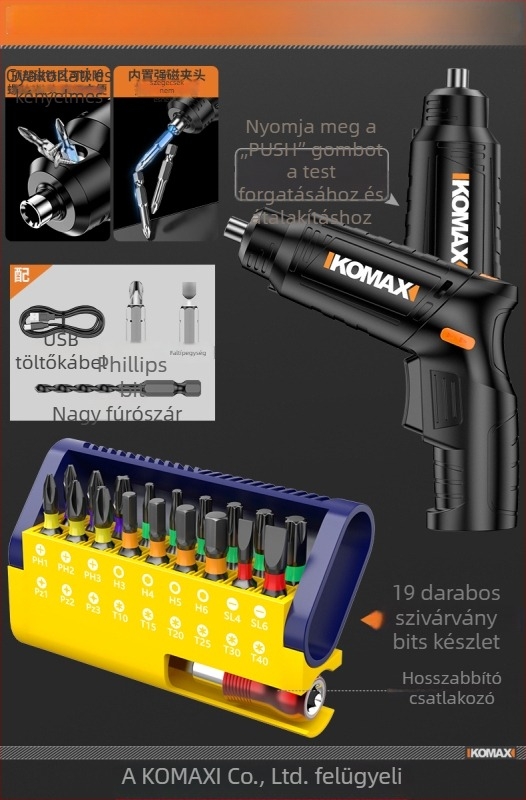 Szénacél csavarhúzó készlet ratchet mechanizmussal és többbites megoldásokkal, tartalmazza a 19-in-1 és 9-in-1 verziókat és egy 3,6V-os elektromos csavarhúzót mágneses bitekkel