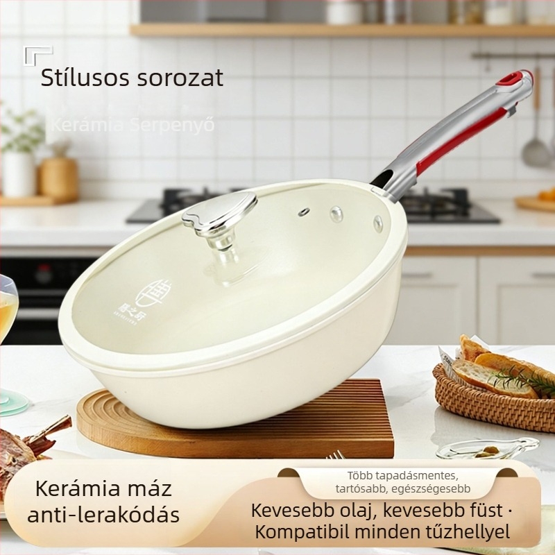 Kerámia serpenyő sütéshez, tapadásmentes, üvegfedéllel, kettős rétegű alj