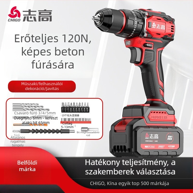 Brushless Akkumulátoros Fúró - 18-21V, Pisztolymarkolat, Lépésmentes Sebességszabályozás, Önszáró Tokmány, Előre/Hátra