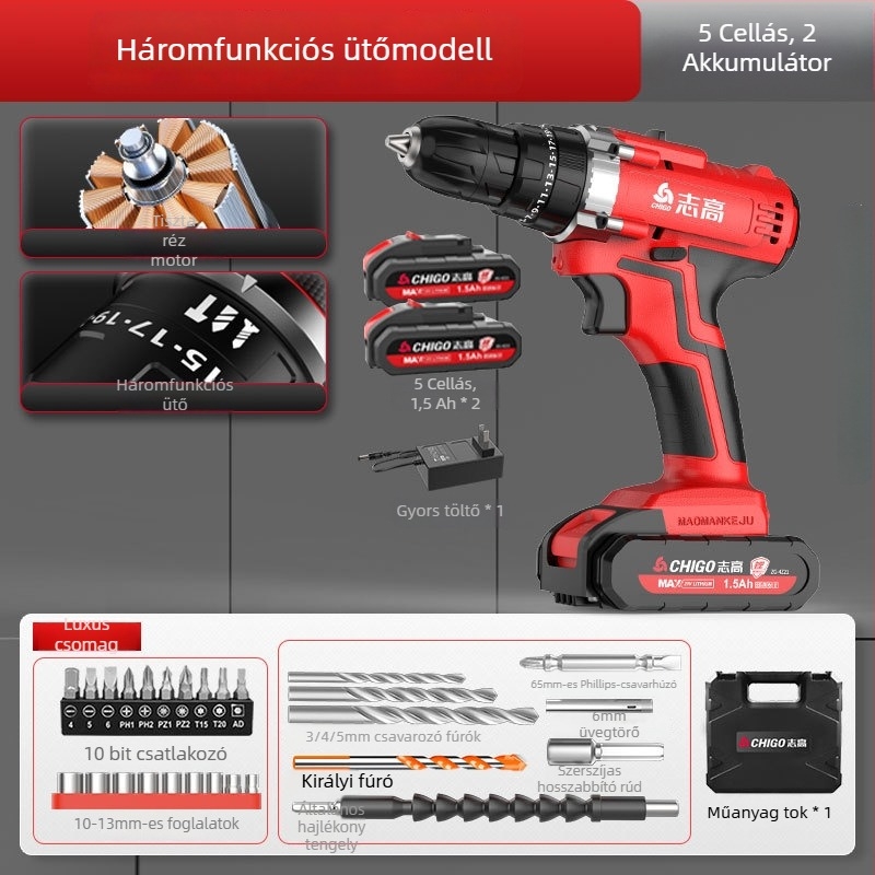 Brushless Akkumulátoros Fúró - 18-21V, Pisztolymarkolat, Lépésmentes Sebességszabályozás, Önszáró Tokmány, Előre/Hátra