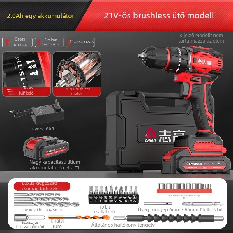 Brushless Akkumulátoros Fúró - 18-21V, Pisztolymarkolat, Lépésmentes Sebességszabályozás, Önszáró Tokmány, Előre/Hátra