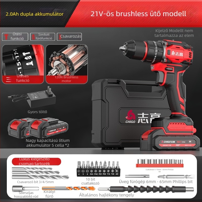 Brushless Akkumulátoros Fúró - 18-21V, Pisztolymarkolat, Lépésmentes Sebességszabályozás, Önszáró Tokmány, Előre/Hátra