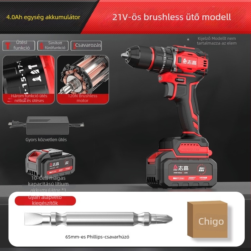 Brushless Akkumulátoros Fúró - 18-21V, Pisztolymarkolat, Lépésmentes Sebességszabályozás, Önszáró Tokmány, Előre/Hátra
