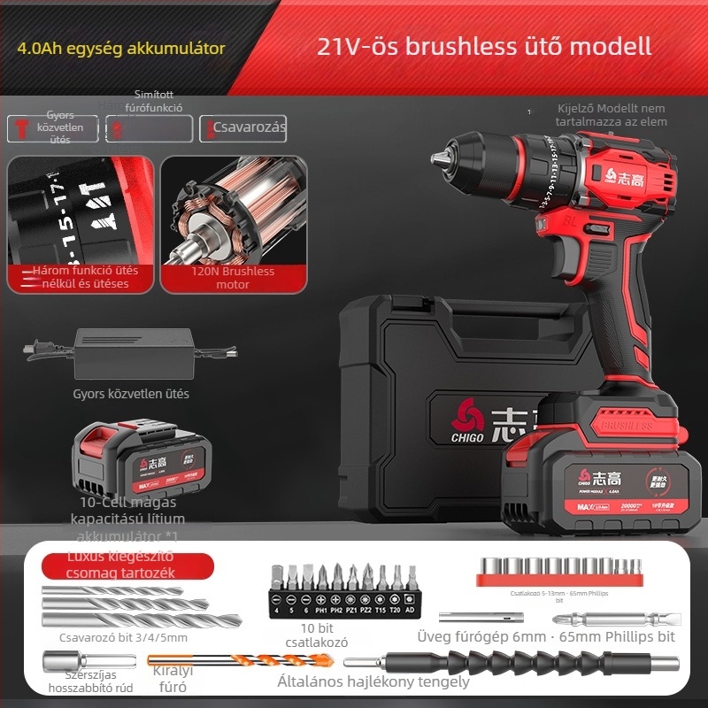 Brushless Akkumulátoros Fúró - 18-21V, Pisztolymarkolat, Lépésmentes Sebességszabályozás, Önszáró Tokmány, Előre/Hátra