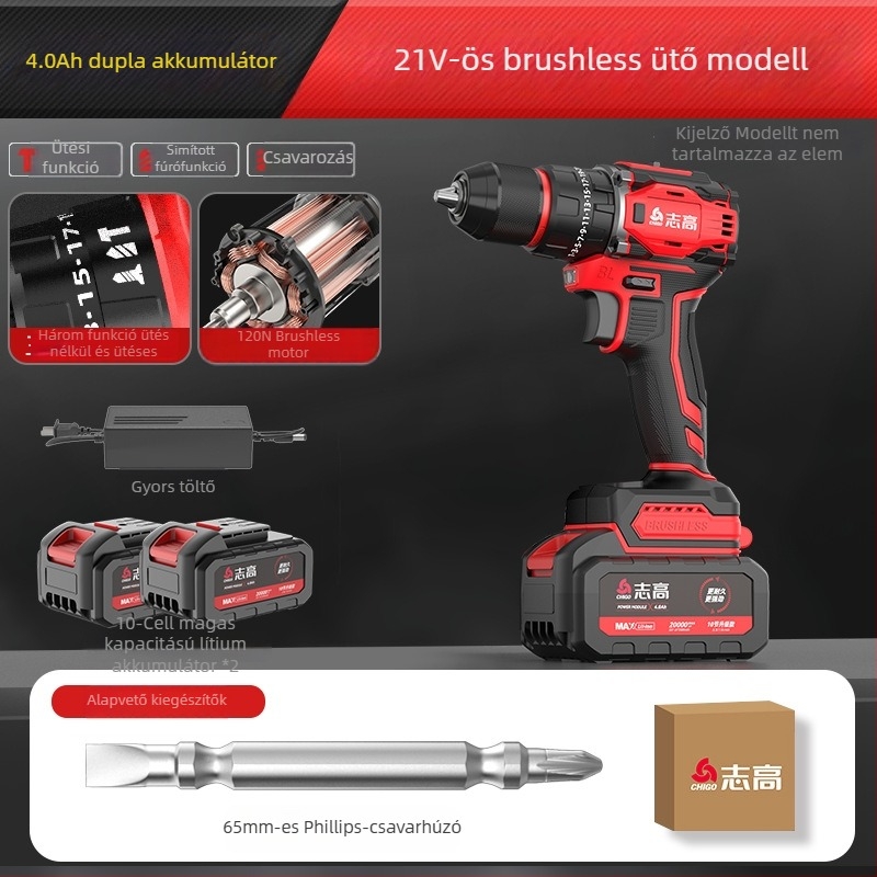 Brushless Akkumulátoros Fúró - 18-21V, Pisztolymarkolat, Lépésmentes Sebességszabályozás, Önszáró Tokmány, Előre/Hátra
