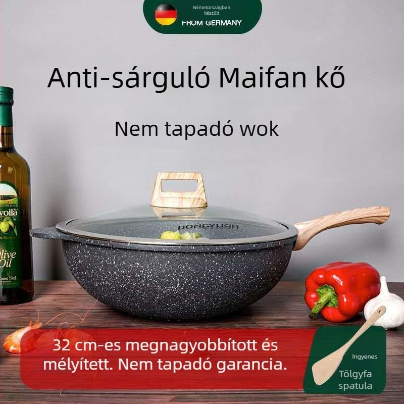 Maifan kővel és tapadásmentes bevonattal készült wok, üvegfedéllel, modell DY-1886, alumínium, mélység 11 cm, súly 2,2 kg