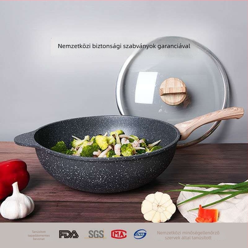 Maifan kővel és tapadásmentes bevonattal készült wok, üvegfedéllel, modell DY-1886, alumínium, mélység 11 cm, súly 2,2 kg