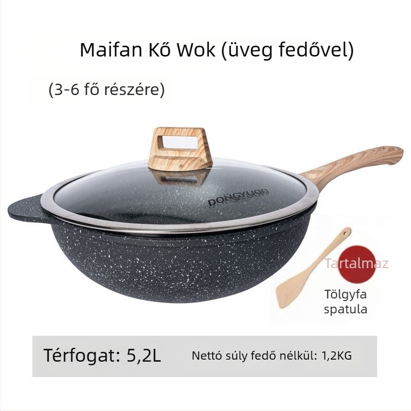 Maifan kővel és tapadásmentes bevonattal készült wok, üvegfedéllel, modell DY-1886, alumínium, mélység 11 cm, súly 2,2 kg