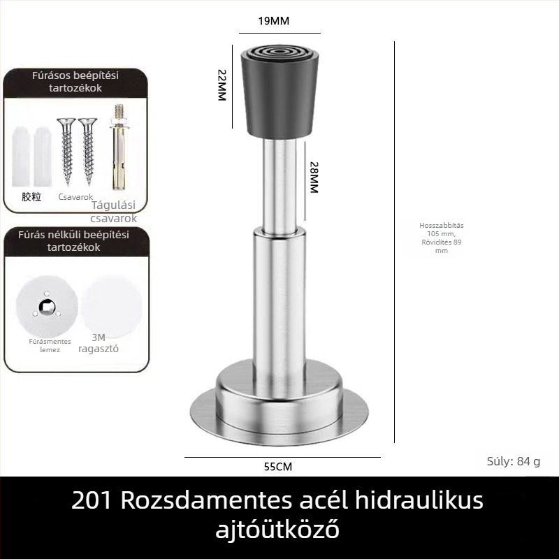 Hidraulikus ajtóstop teleszkópos felső résszel, rozsdamentes acél és gumírozott fej, védelem a becsípődés ellen a kilincsnél