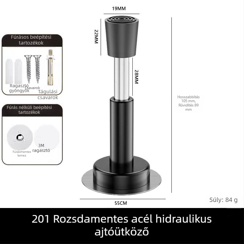 Hidraulikus ajtóstop teleszkópos felső résszel, rozsdamentes acél és gumírozott fej, védelem a becsípődés ellen a kilincsnél