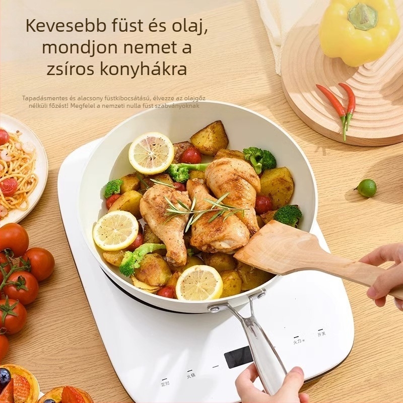 AEU kőzúzalék textúrájú wok porcelán héjjal, kis fehér lapos tapadásmentes serpenyő otthoni főzéshez, kompatibilis gáztűzzel és indukciós főzőfelülettel