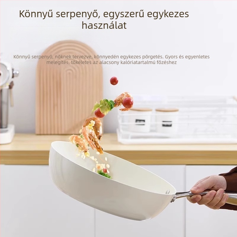 AEU kőzúzalék textúrájú wok porcelán héjjal, kis fehér lapos tapadásmentes serpenyő otthoni főzéshez, kompatibilis gáztűzzel és indukciós főzőfelülettel