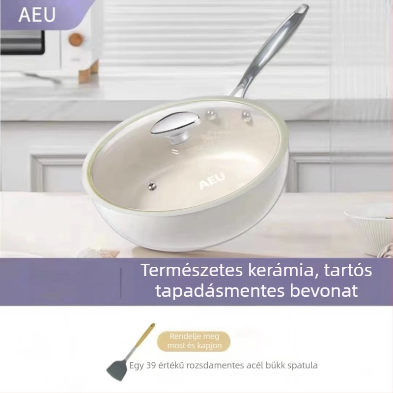 AEU kőzúzalék textúrájú wok porcelán héjjal, kis fehér lapos tapadásmentes serpenyő otthoni főzéshez, kompatibilis gáztűzzel és indukciós főzőfelülettel