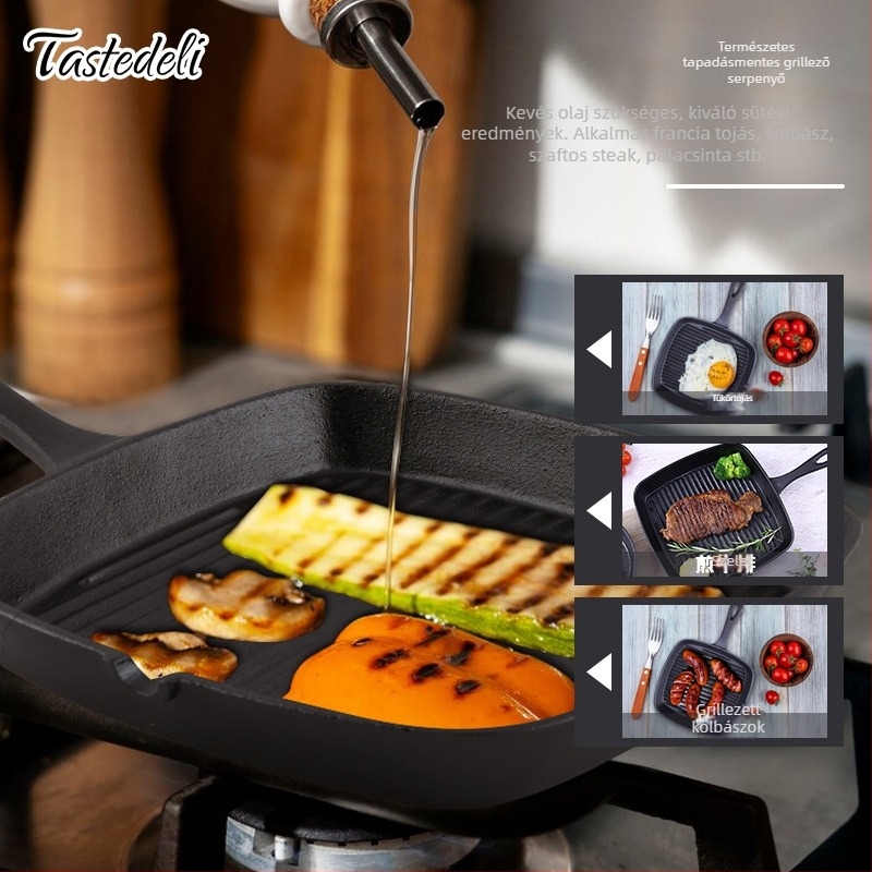 Öntöttvas négyszögletes grillserpenyő húsprésével, vastagodott, multifunkcionális