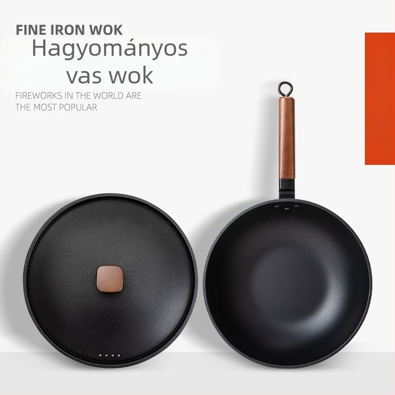 Rafinált vasból készült wok, rozsdamentesen ellenálló, univerzális tűzhelyhez kompatibilis, mélység 9,4 cm, súly 2,3 kg