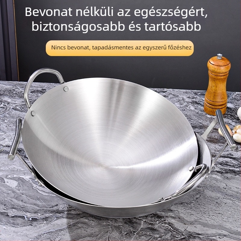 Kétfülű rozsdamentes acél wok 201 bevonat nélkül, konkáv felület, mélység ≥8 cm