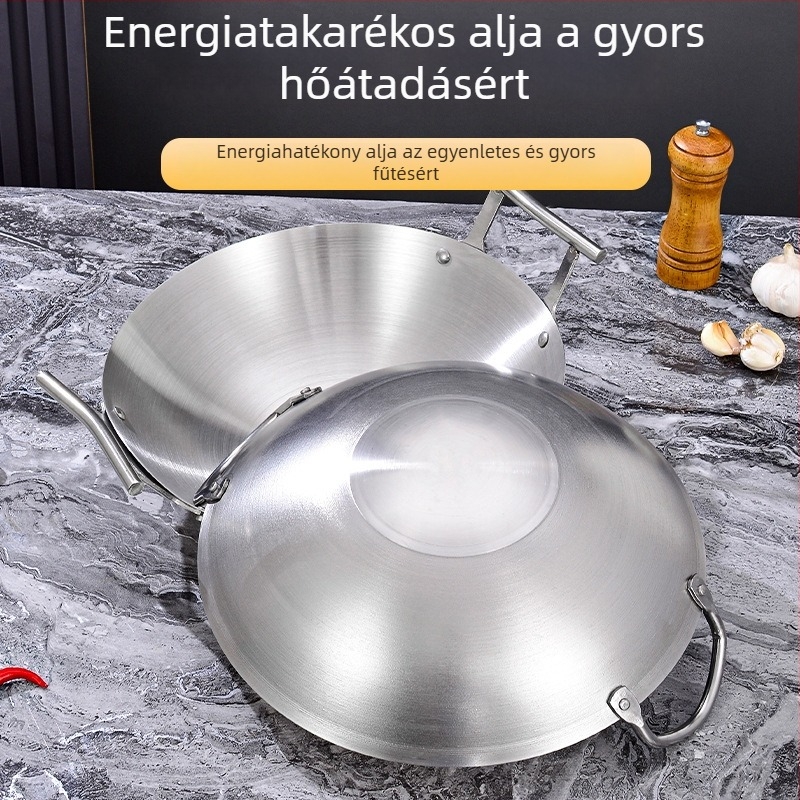 Kétfülű rozsdamentes acél wok 201 bevonat nélkül, konkáv felület, mélység ≥8 cm