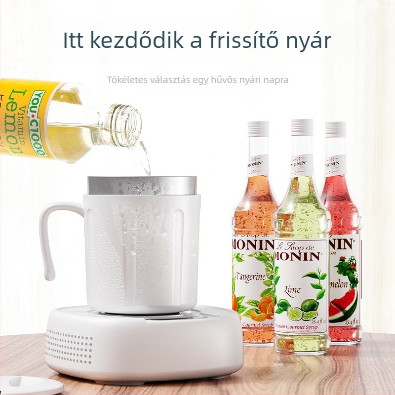 Hordozható asztali hűtő- és melegítő pohár, modell M2-818, kapacitás 1.1–1.2 l, félvezetős melegítés, AC tápellátás, tömeg 883 g