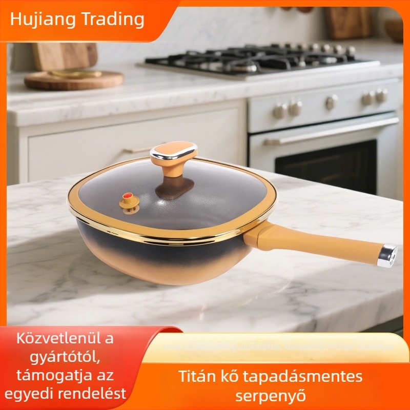 Titánium bevonatú wok, tapadásmentes, rozsdamentes acél test, üvegfedővel, gáztűzhely és indukciós főzőfelületekkel kompatibilis