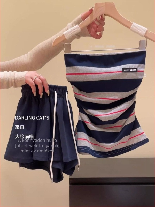 Két részes készlet: csíkos váll nélküli felső és magas derekú rövid szoknya, casual japán-koreai stílus, spandex anyag, nyár 2025