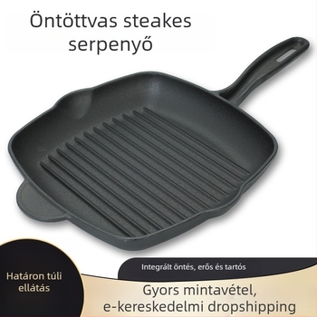 Öntöttvas négyszögletes serpenyő csíkos mintázattal, vastagított aljjal, steak sütéséhez, gáztűzhelyhez és indukciós főzőlaphoz