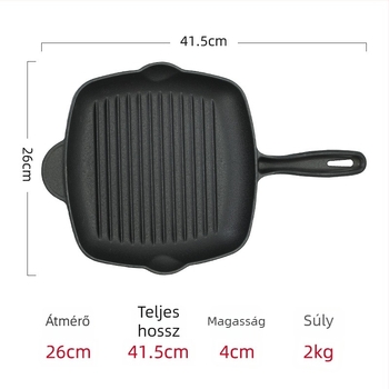 Öntöttvas négyszögletes serpenyő csíkos mintázattal, vastagított aljjal, steak sütéséhez, gáztűzhelyhez és indukciós főzőlaphoz