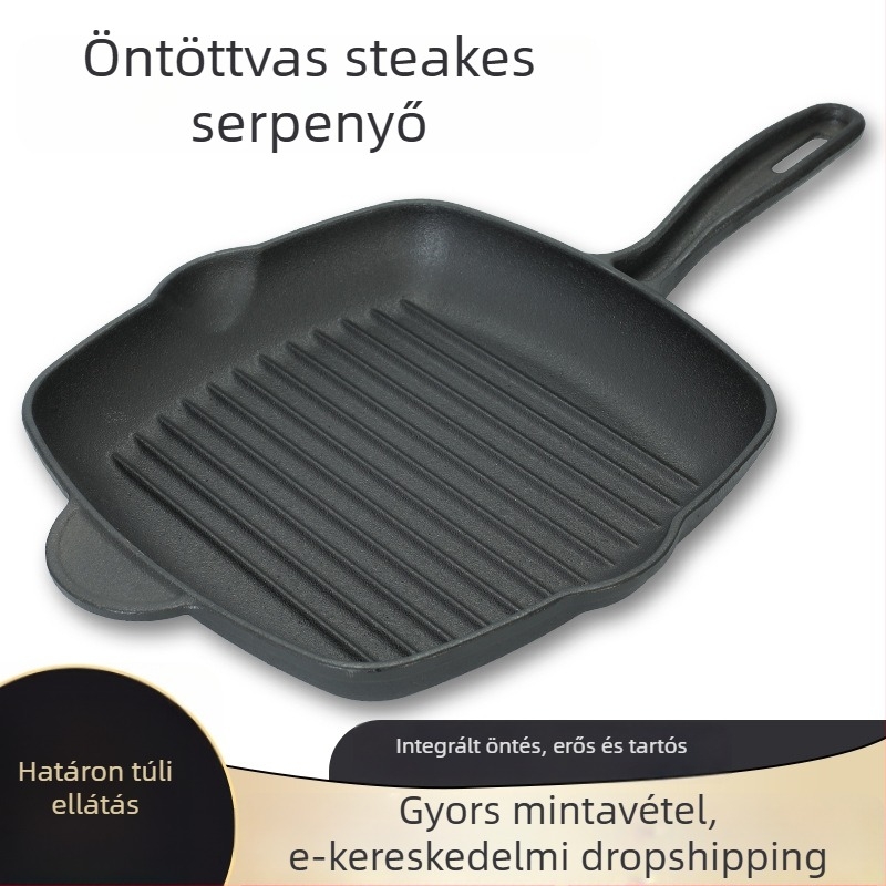 Öntöttvas négyszögletes serpenyő csíkos mintázattal, vastagított aljjal, steak sütéséhez, gáztűzhelyhez és indukciós főzőlaphoz