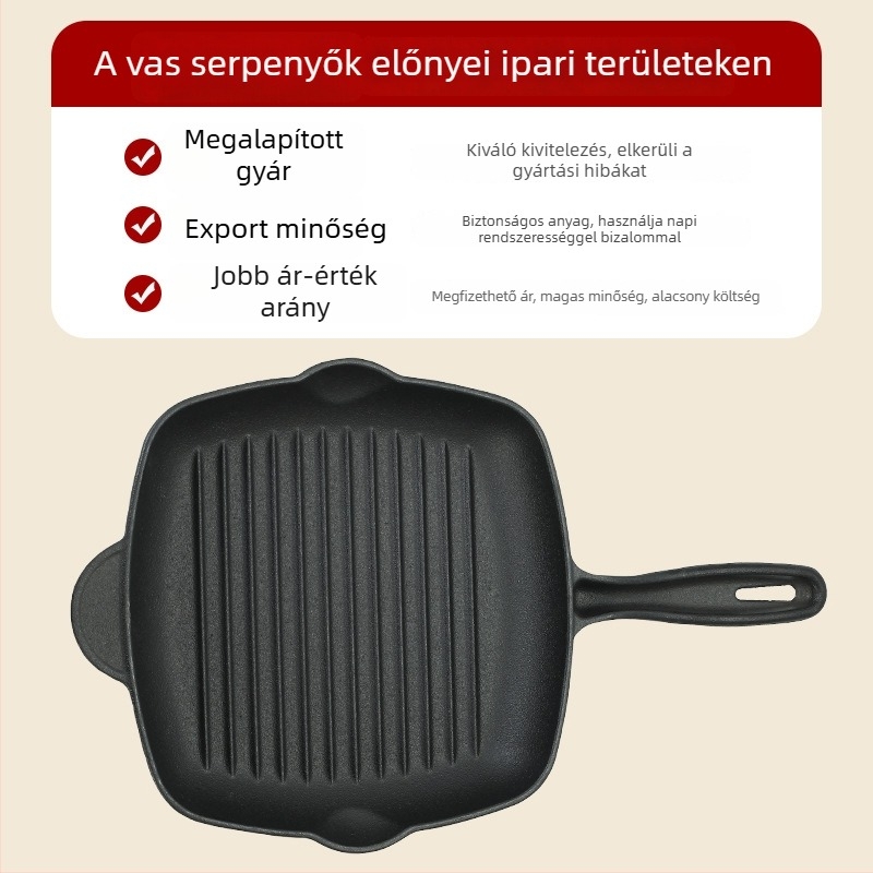 Öntöttvas négyszögletes serpenyő csíkos mintázattal, vastagított aljjal, steak sütéséhez, gáztűzhelyhez és indukciós főzőlaphoz